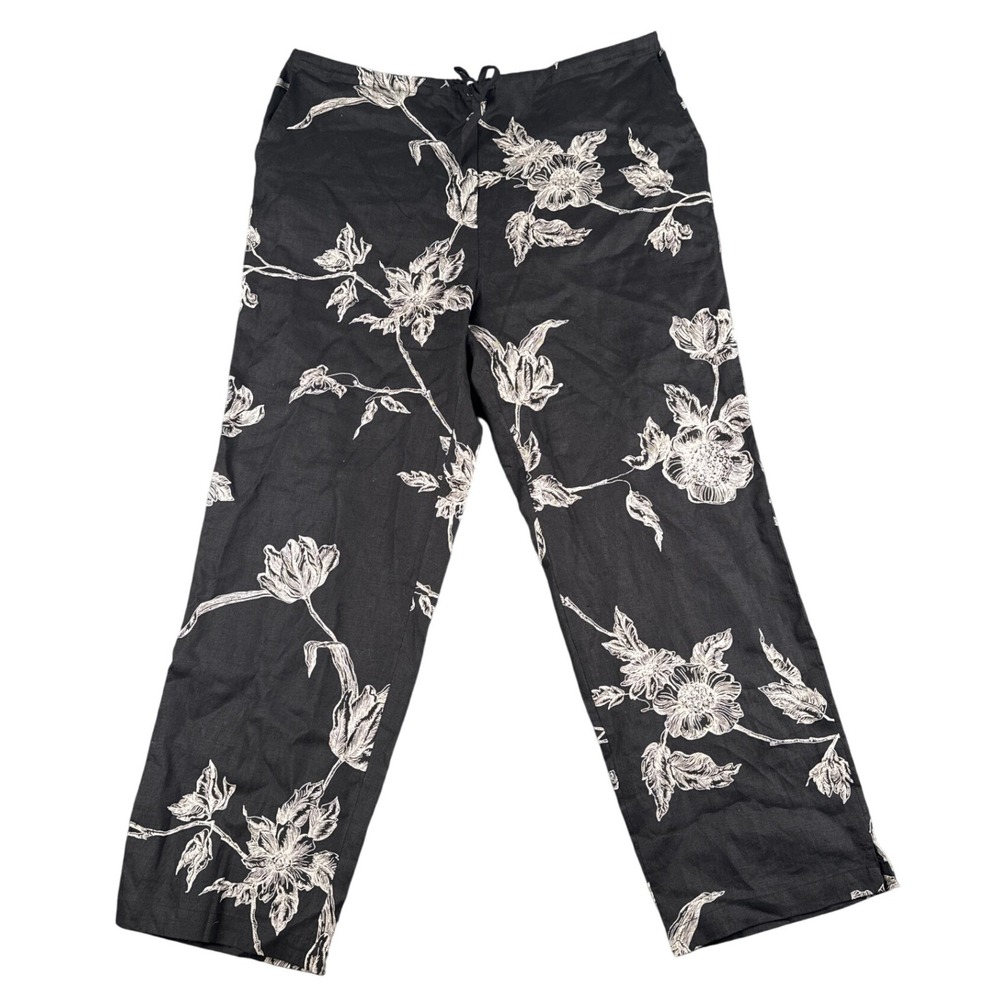 Rafaella 100% Linen Floral Print Luxe‎ Drawstring Crop Pants Women 14 Casual